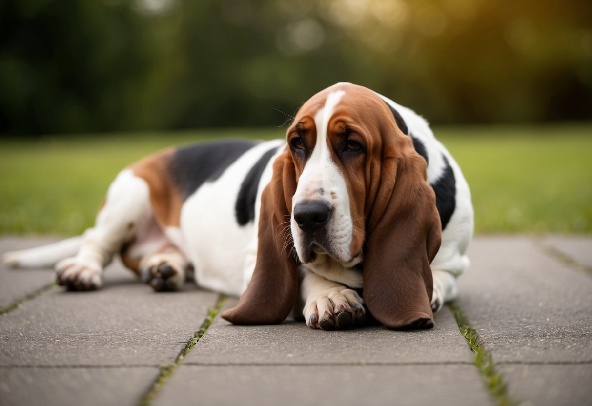 A basset hound with droopy ears and a pained expression, favoring one leg while lying down