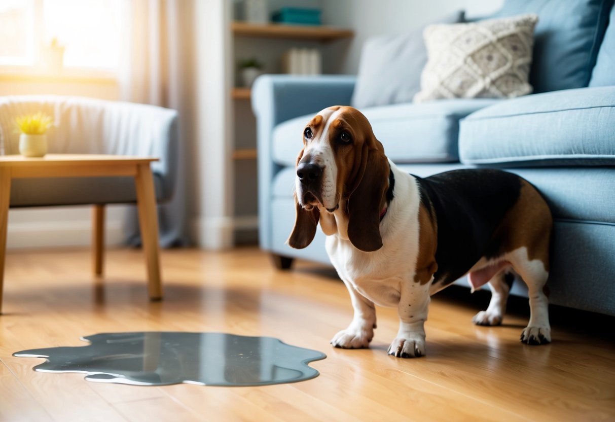 A basset hound stands inside a cozy living room, looking guilty next to a puddle of urine on the floor