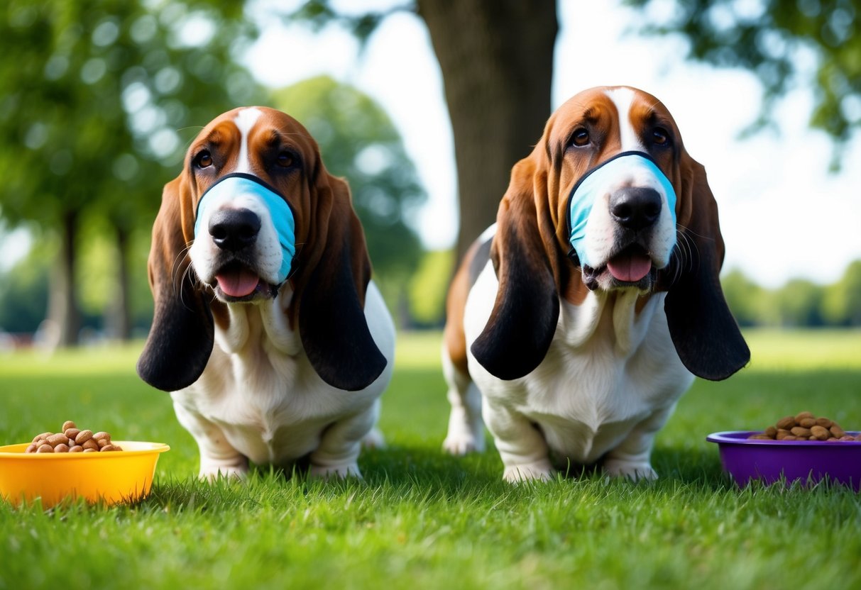 Two basset hounds wearing face masks and exercising outdoors in a park. They are surrounded by healthy food and water bowls