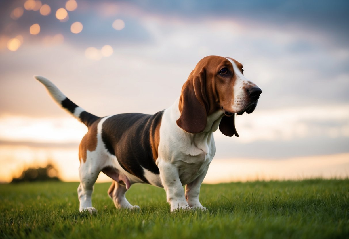 A basset hound stands with its feet turned outward, gazing into the distance