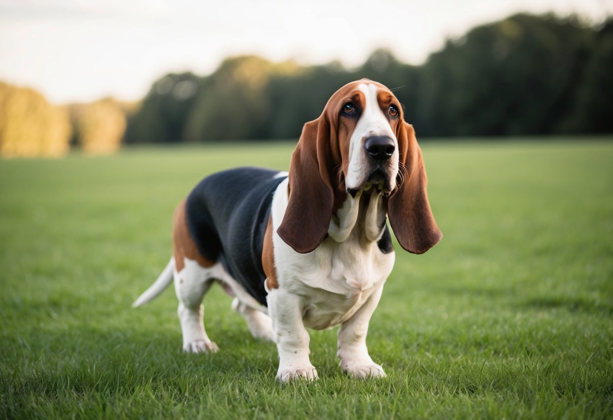 A basset hound stands on a grassy field, its long ears hanging down and its feet turned slightly outward as it looks off into the distance