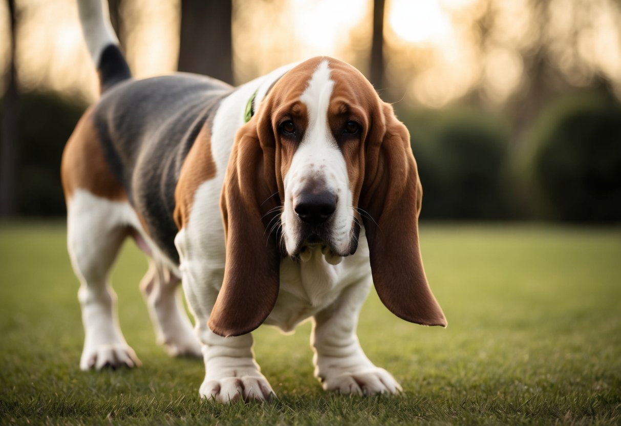 A basset hound stands on all fours, its large, floppy ears drooping as it looks down at its feet. The feet turn slightly outward, giving the dog a distinctive, bow-legged appearance