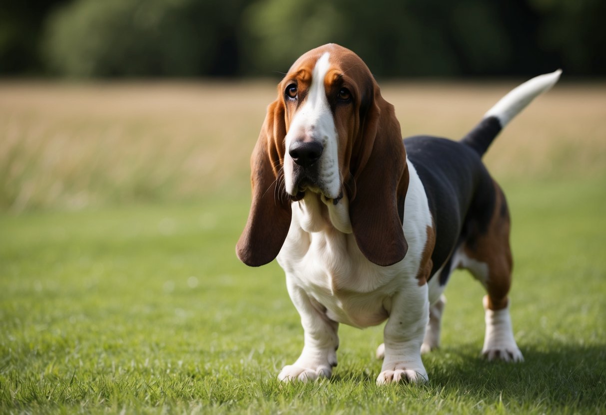 A basset hound stands on a grassy field, its large, floppy ears drooping as it looks at its feet, which are turned slightly outward