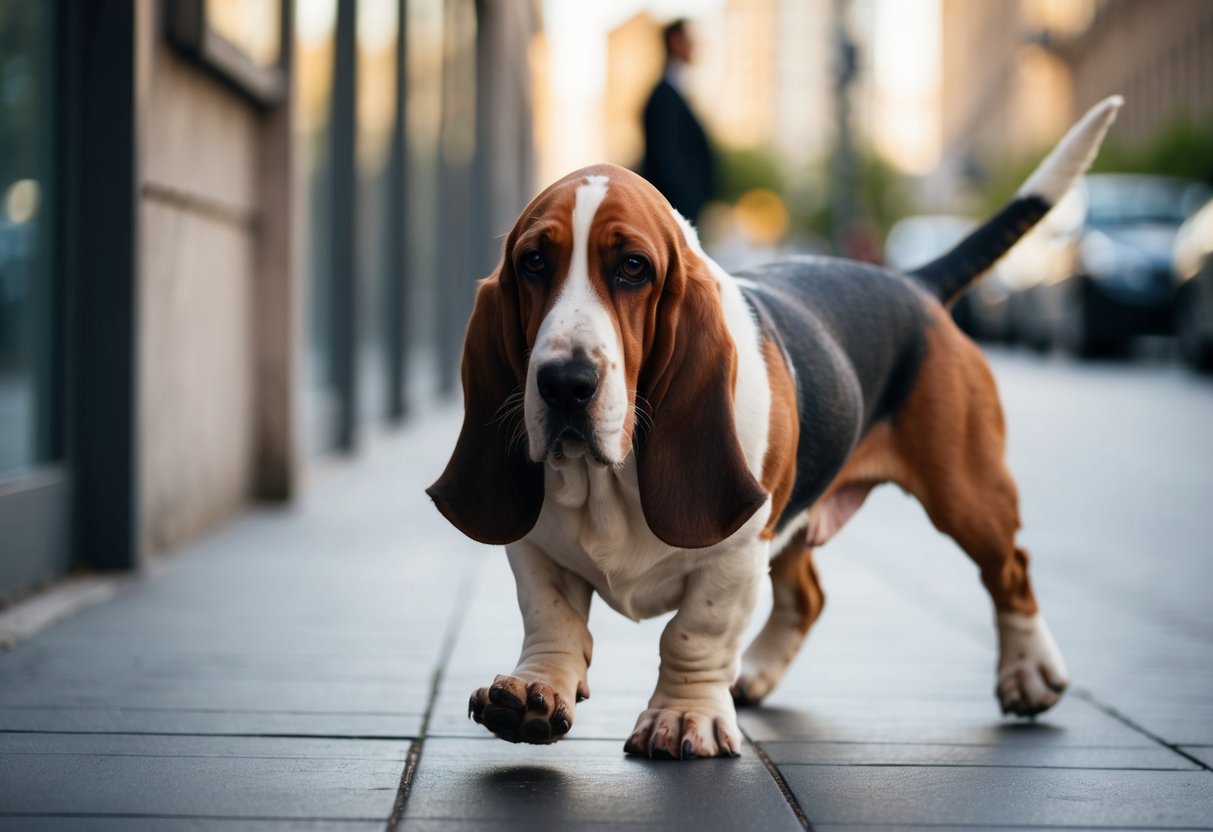 A basset hound's feet turn out as it walks, requiring special care. Illustrate a basset hound standing with its feet turned outward, with a focus on the unique shape and structure of its paws