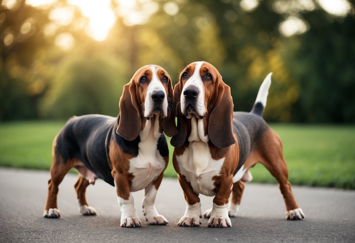 A basset hound standing next to a standard-sized hound, highlighting the shorter legs and longer body characteristic of dwarfism