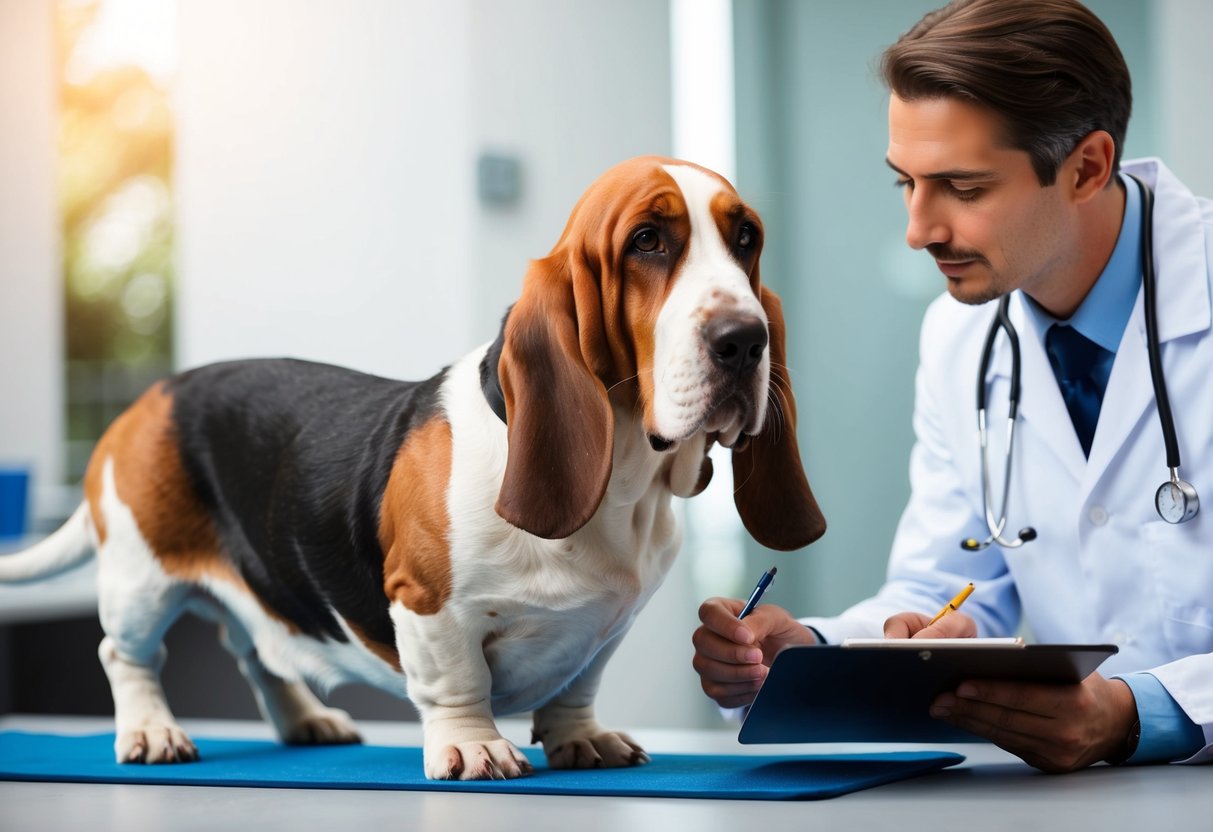 A basset hound stands next to a veterinarian, who is examining its legs and measuring its height. The dog looks calm and attentive, while the vet takes notes on a clipboard