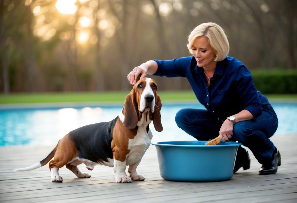 A basset hound with short legs stands next to a tall water bowl, while a person kneels down to brush its long ears