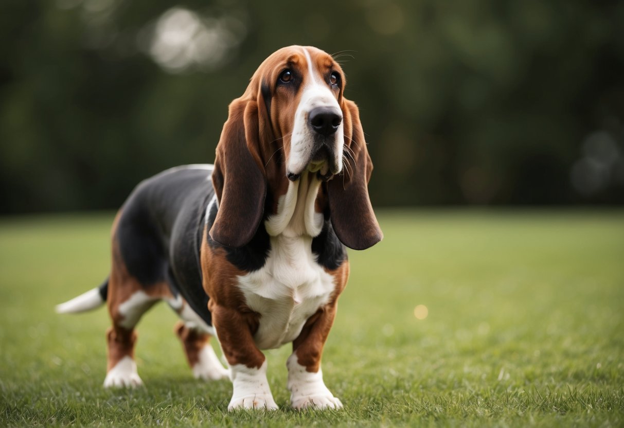 A basset hound stands with its short legs, long ears, and droopy eyes, displaying the characteristic features of the breed