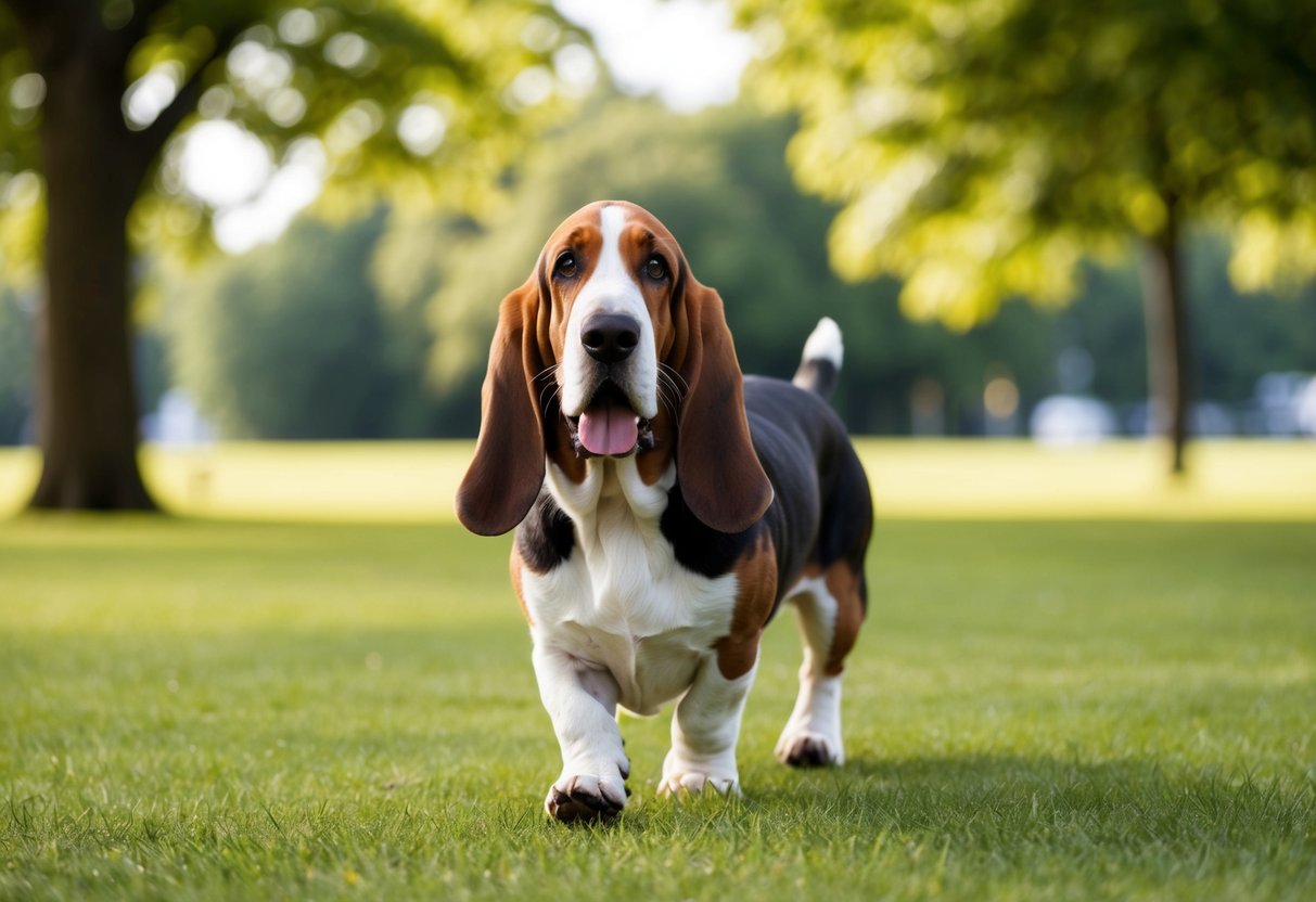 A basset hound happily strolls through a peaceful park, ears flopping and tail wagging