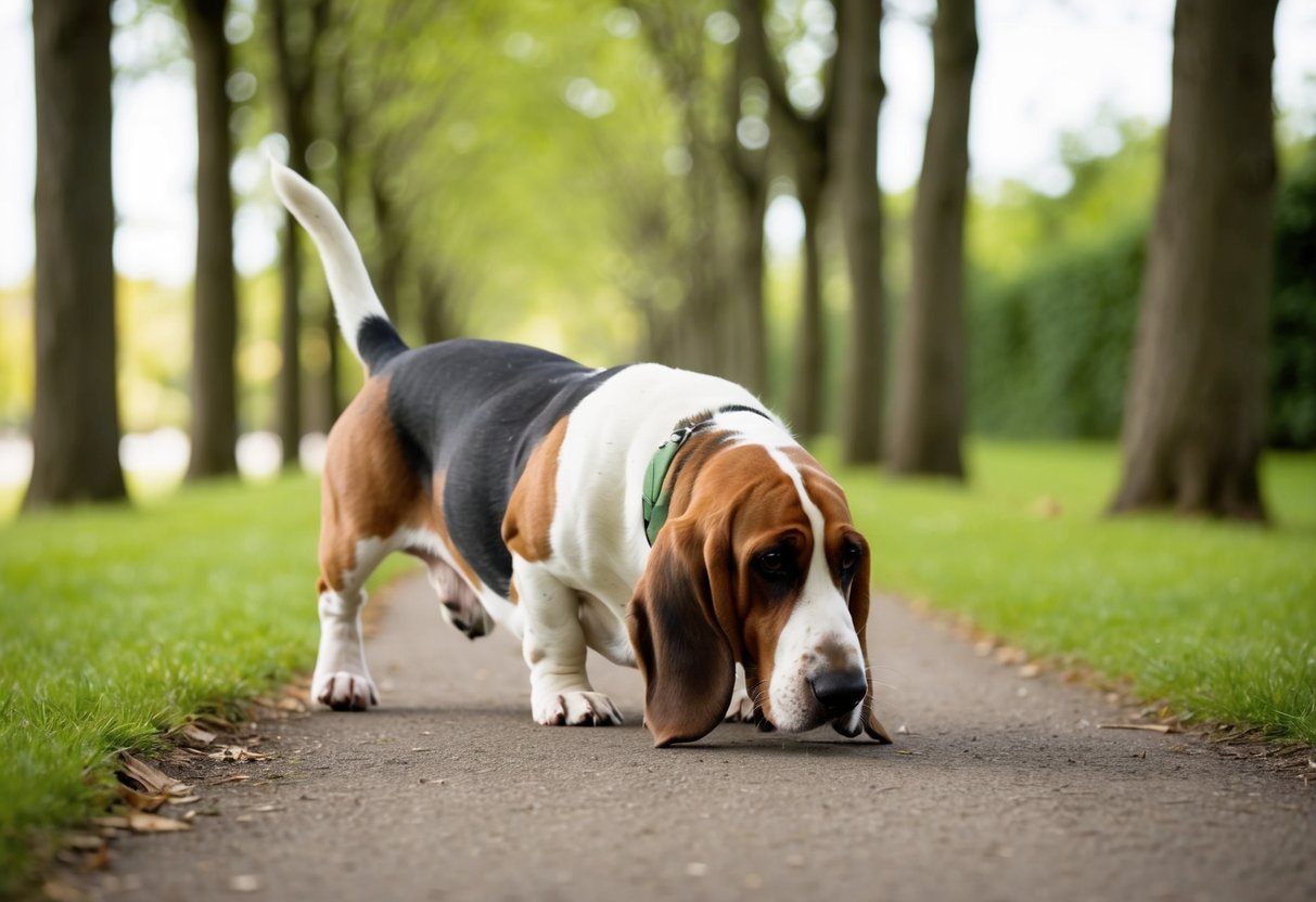 A Basset Hound trots happily along a tree-lined path, sniffing the ground with its long ears trailing behind