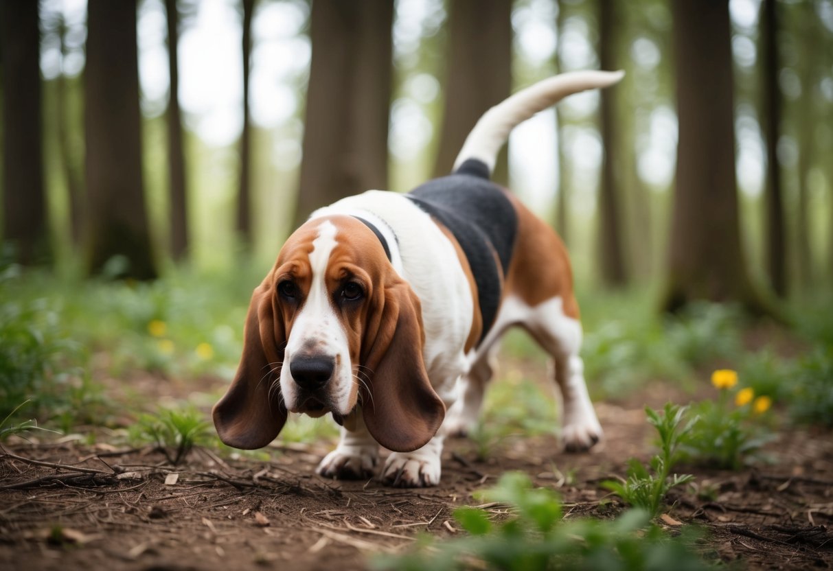 A basset hound eagerly explores a forest, sniffing the ground and wagging its tail. The dog's ears hang low as it takes in the sights and scents of the natural surroundings