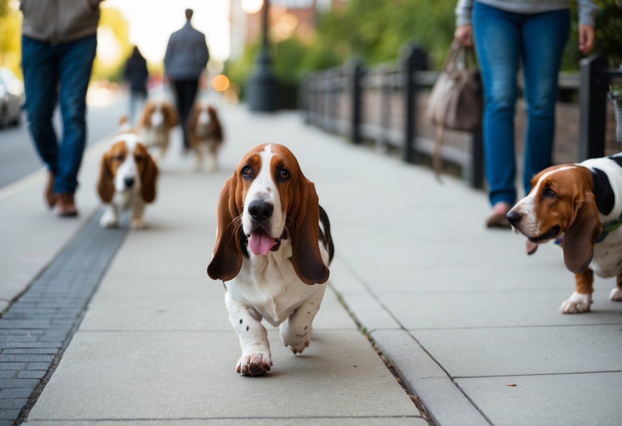 A basset hound trots happily along a sidewalk, tail wagging, as it sniffs the ground and greets other dogs on its walk