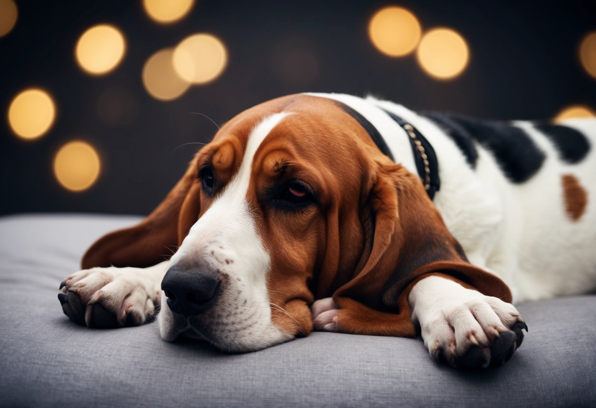 A basset hound lies on its side, eyes half-closed, ears drooping, and paws twitching as it dreams