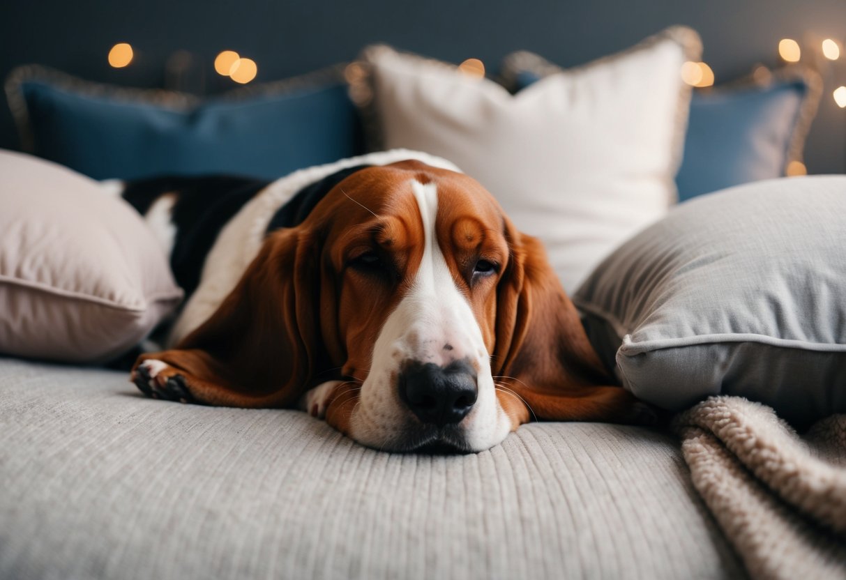 A basset hound peacefully sleeping with its eyes gently closed, surrounded by soft pillows and a cozy blanket