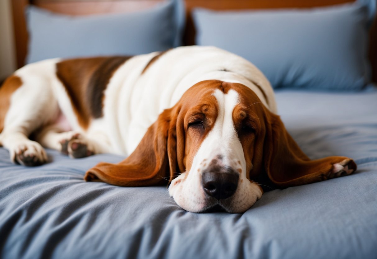 A basset hound peacefully sleeping in a cozy bed, with eyes closed and a content expression on its face