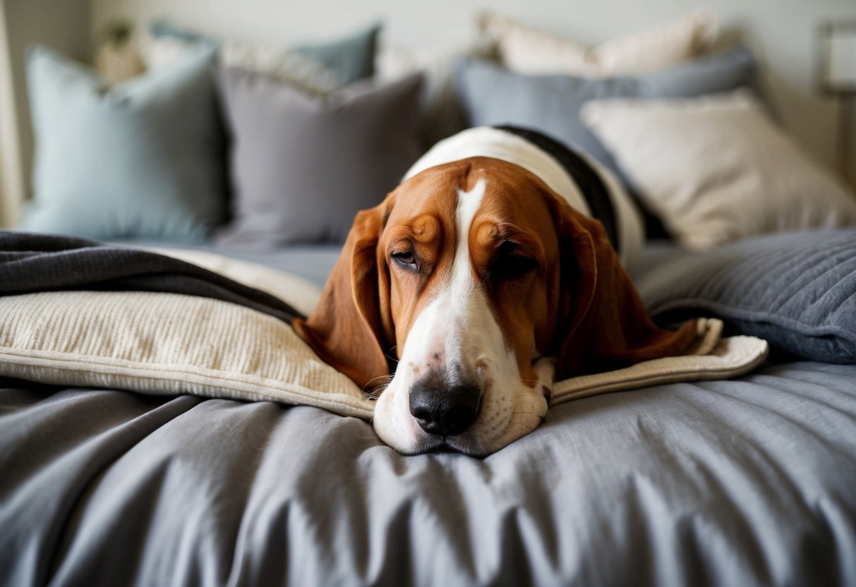 A basset hound lies on a cozy bed, eyes closed, with a peaceful expression, surrounded by pillows and blankets