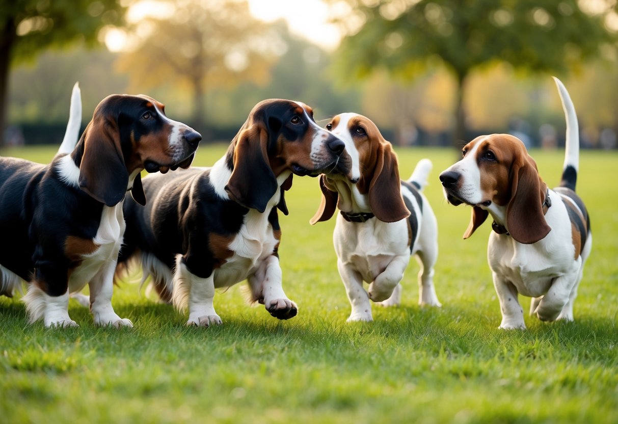 Two basset hounds playfully interact with a group of other dogs in a grassy park setting