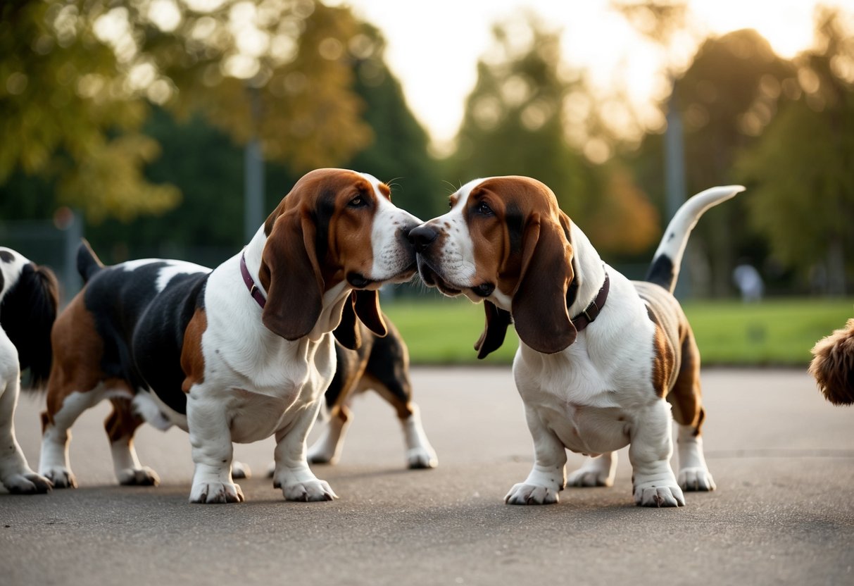 Two basset hounds peacefully playing with other dogs in a dog park