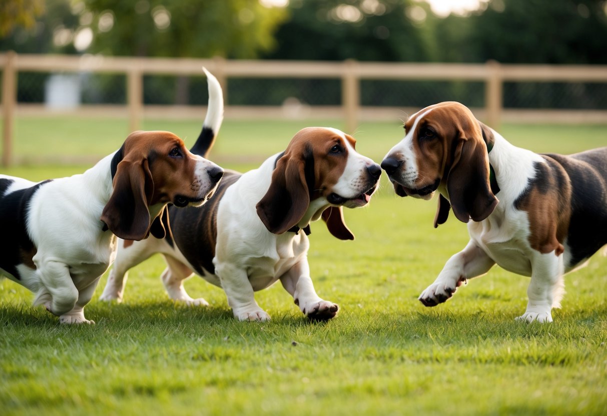 Two basset hounds playing and interacting with other dogs in a spacious, fenced-in yard