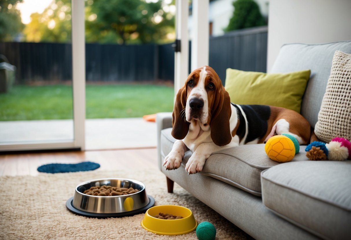 A basset hound lounges on a cozy couch surrounded by dog toys and a large food bowl. A doggy door leads to a spacious backyard with a low fence