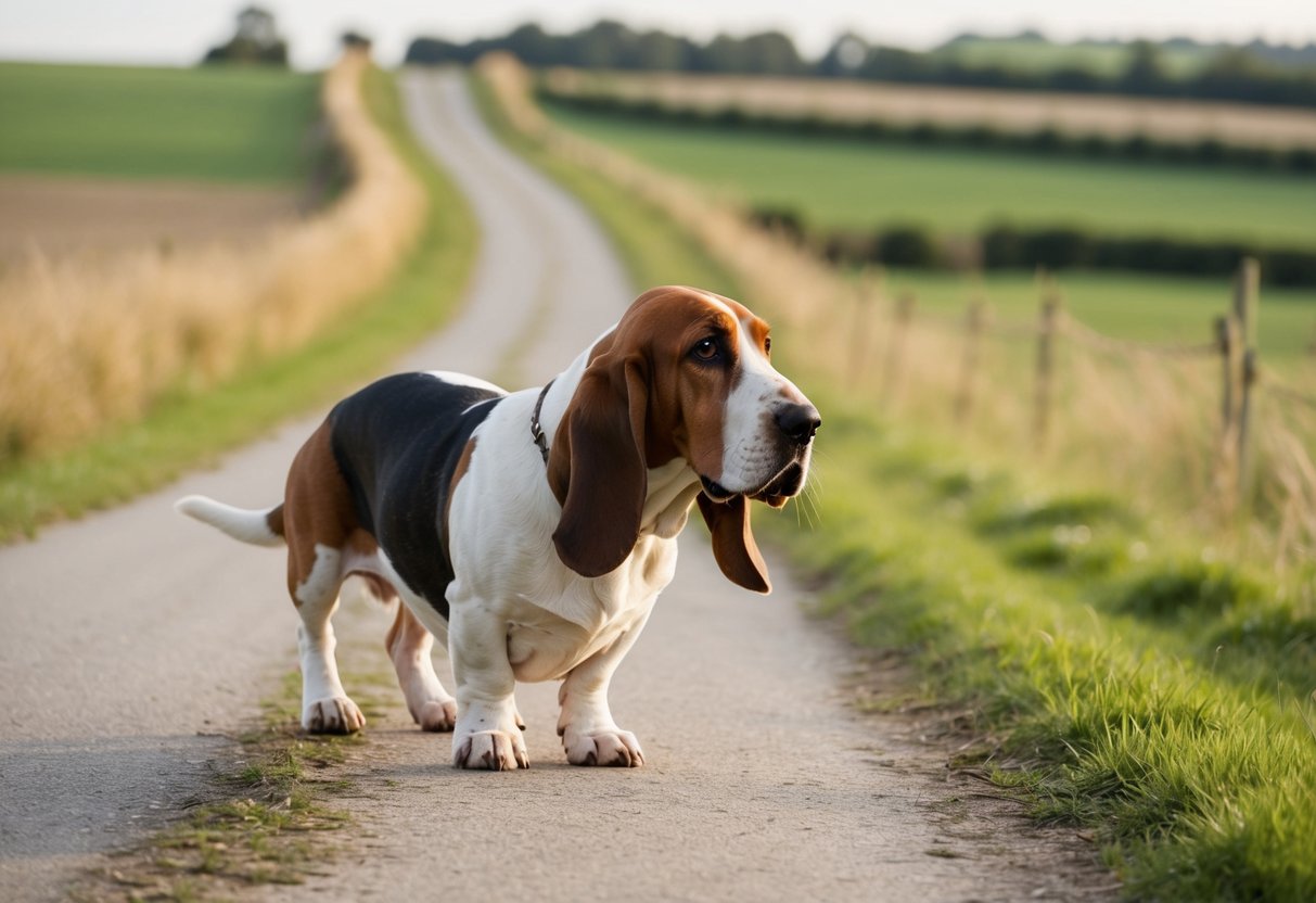 A basset hound strolls along a winding path through a peaceful countryside, ears dragging on the ground as it sniffs the air