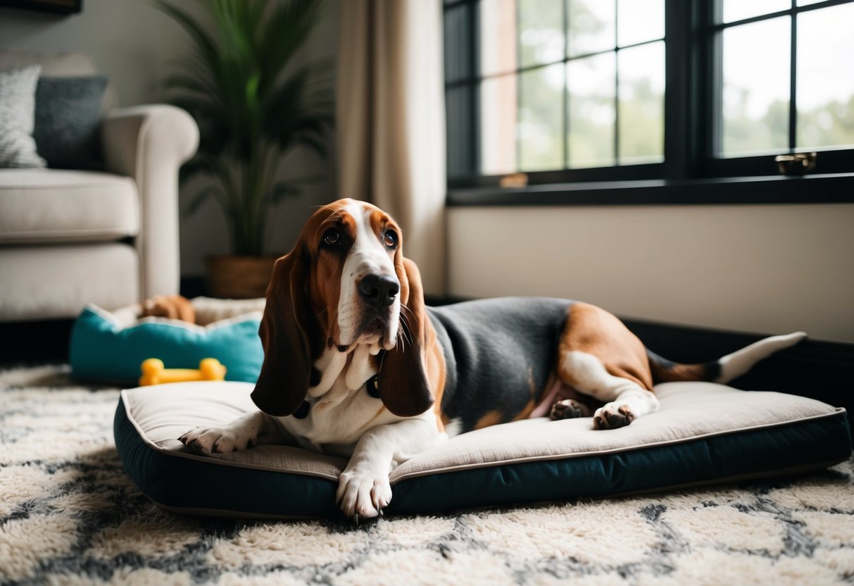 A basset hound lounges on a cozy living room rug, gazing out the window with a content expression. A dog bed and toys are scattered nearby