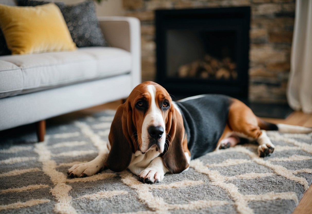 A Basset Hound lounges on a cozy living room rug, with a wagging tail and droopy ears, looking content and at home in the domestic setting
