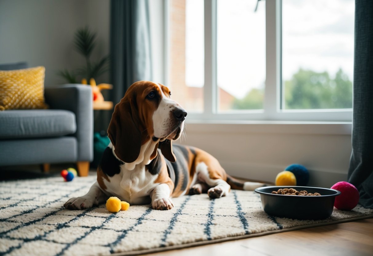A Basset Hound lounges on a cozy living room rug, gazing out the window with a content expression, surrounded by toys and a food bowl