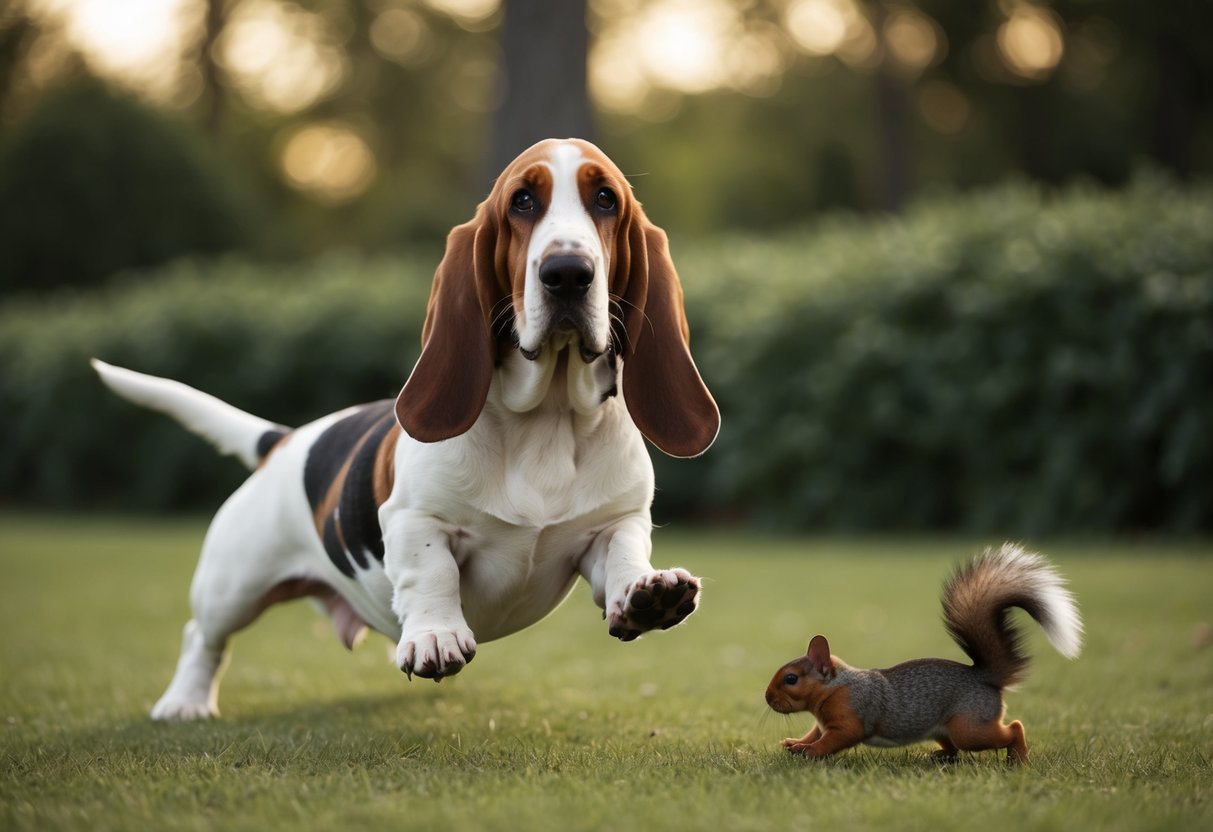 A basset hound with droopy eyes and long ears, tripping over its own feet while trying to chase after a squirrel