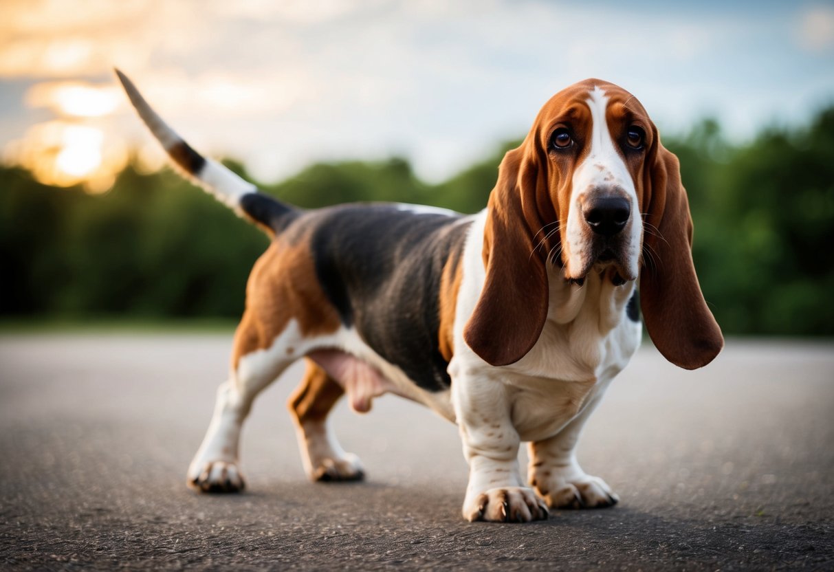 A basset hound with exaggeratedly droopy eyes and long, floppy ears, standing with a slightly hunched back and short legs
