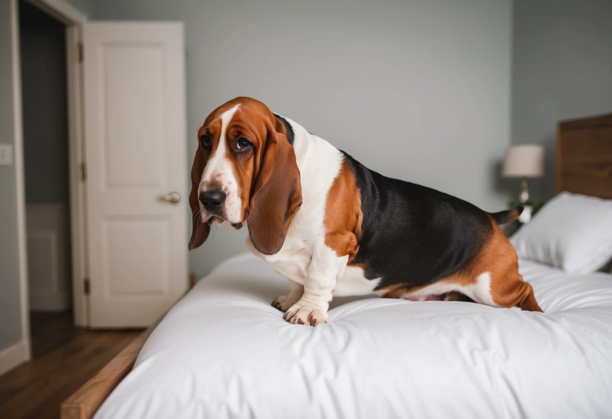 A basset hound with droopy ears and sad eyes struggles to climb onto a high bed, its short legs and heavy body hindering its efforts