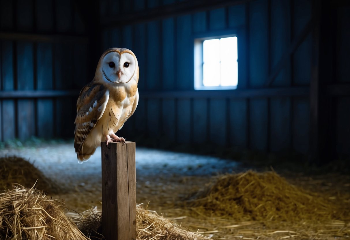 A barn owl perched on a wooden beam in a spacious, dimly lit barn, with hay scattered on the ground and a small, open window letting in moonlight