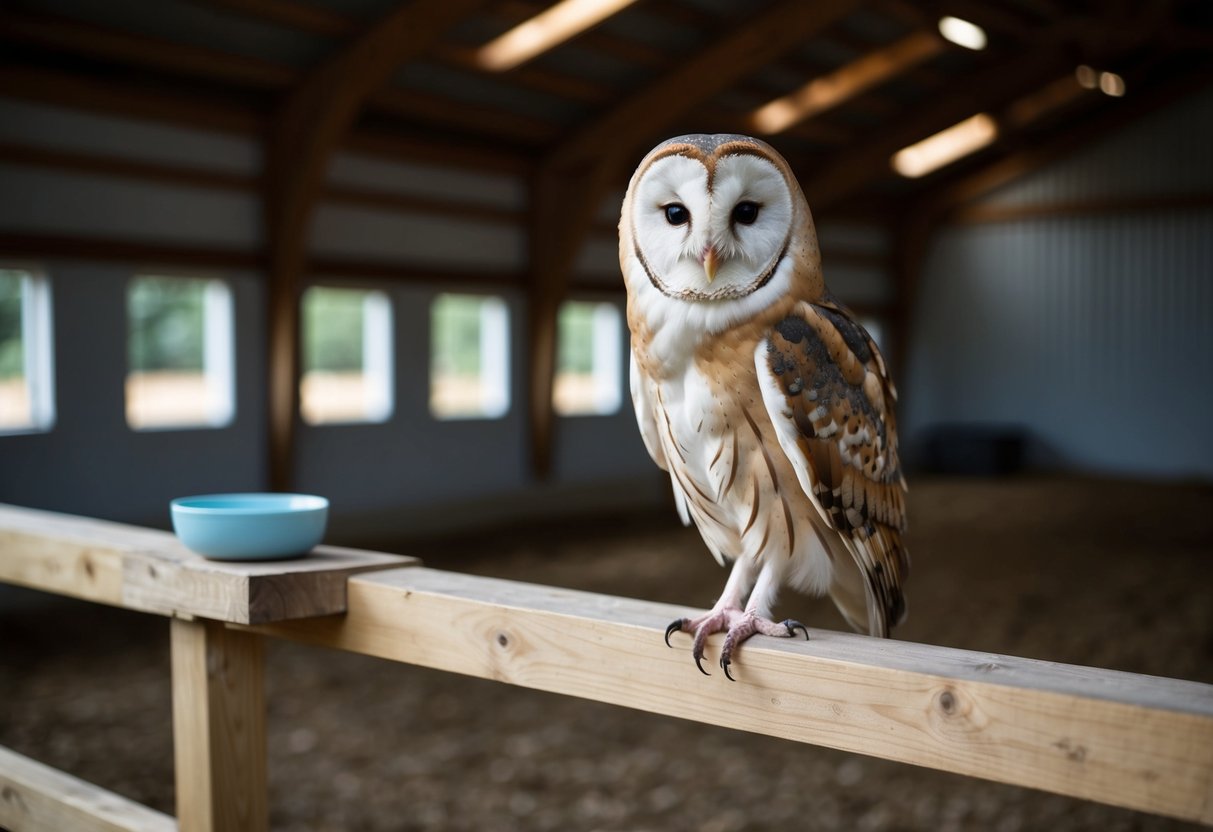 A barn owl perched on a wooden beam in a spacious, well-ventilated barn, with a small nesting box and a bowl of fresh water nearby