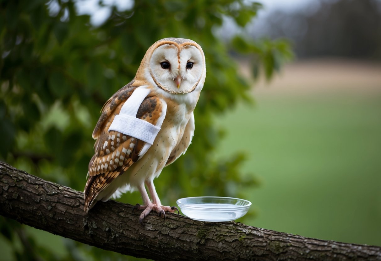 A barn owl perched on a tree branch, with a small bandage wrapped around its injured wing, and a shallow dish of water nearby