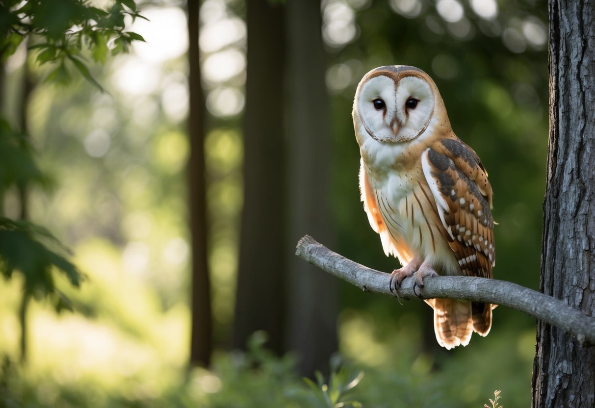 A barn owl perched on a tree branch, with a visible injury on its wing, surrounded by a peaceful forest setting with soft sunlight filtering through the trees