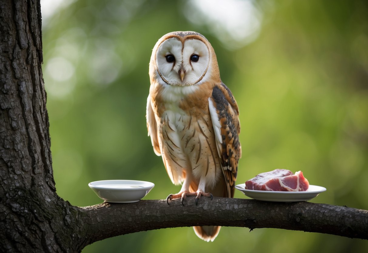 A barn owl perched on a tree branch, with a small bowl of water and a dish of raw meat nearby