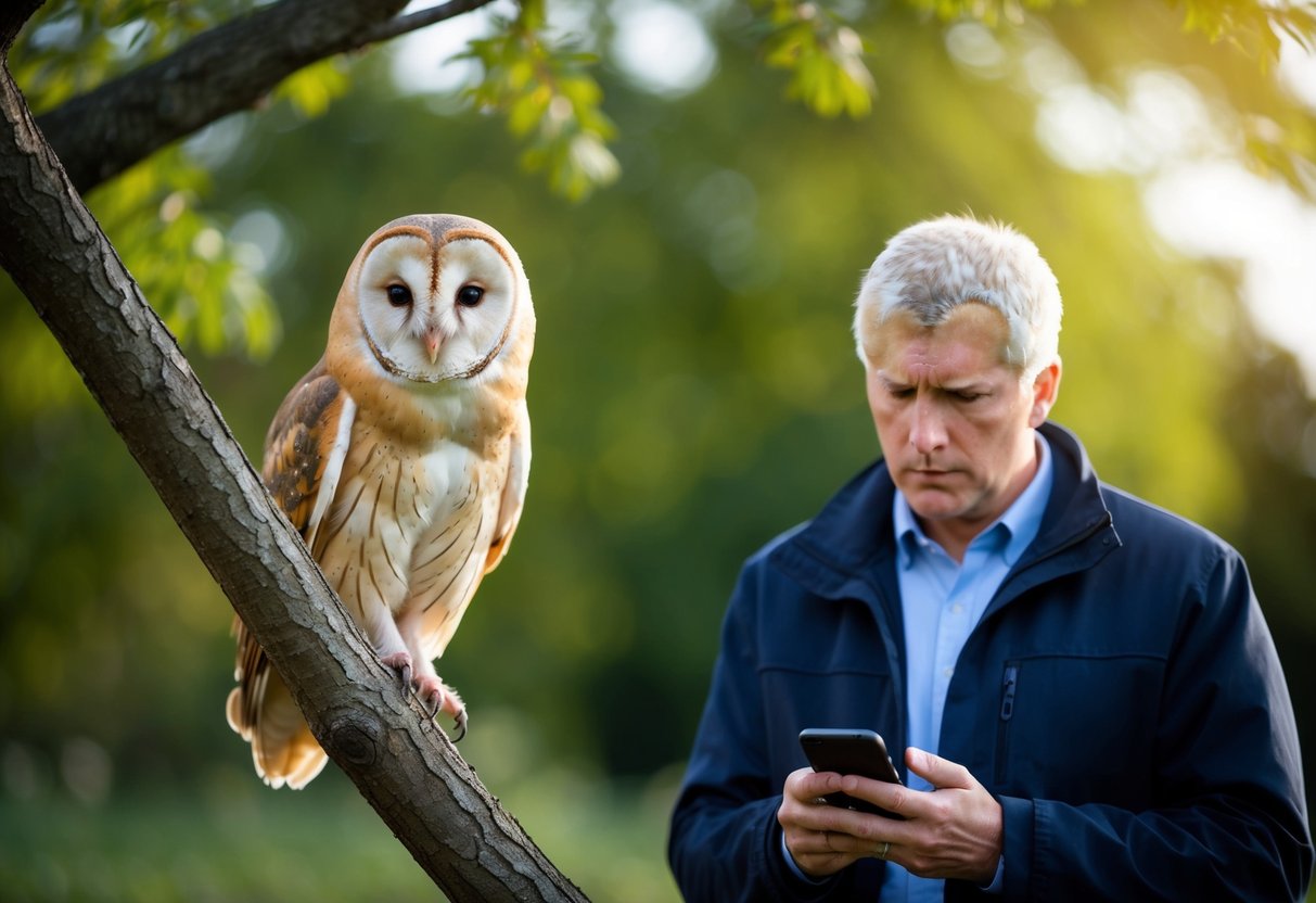 A barn owl perched on a tree branch, with a concerned person holding a phone nearby