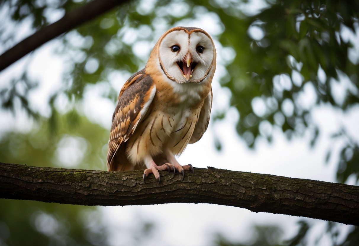 A barn owl perched on a tree branch, its beak open in a silent scream, with wide eyes and feathers ruffled in agitation