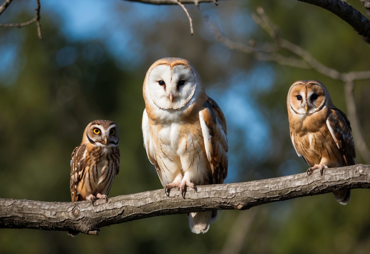 A barn owl perched on a tree branch, dwarfing a tawny owl nearby. The barn owl has a larger wingspan and a paler coloration, while the tawny owl is smaller and more reddish-brown in color