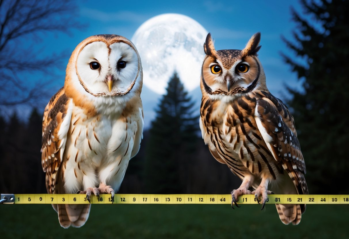 A barn owl and tawny owl facing each other, with a measuring tape between them, surrounded by trees and a moonlit sky