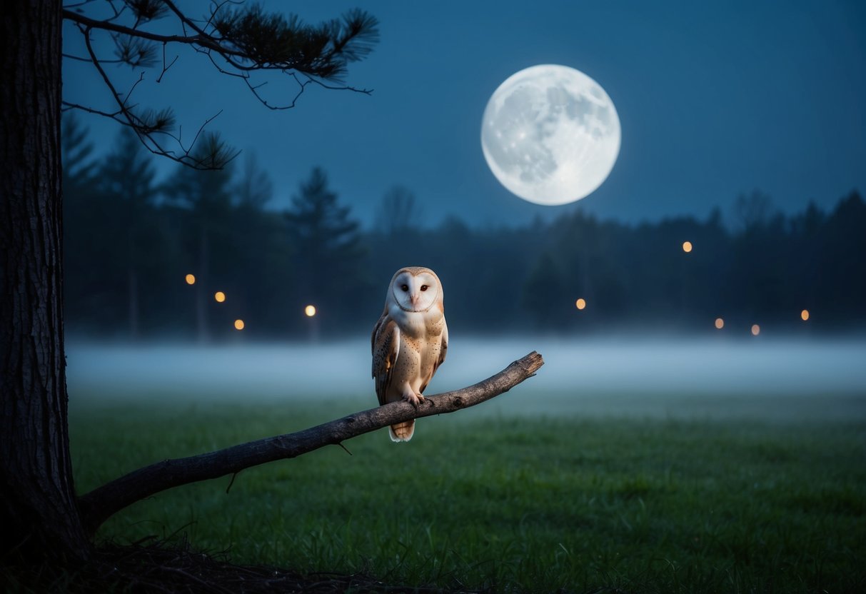 A moonlit forest clearing with a solitary barn owl perched on a tree branch, surrounded by mist and the faint glow of fireflies