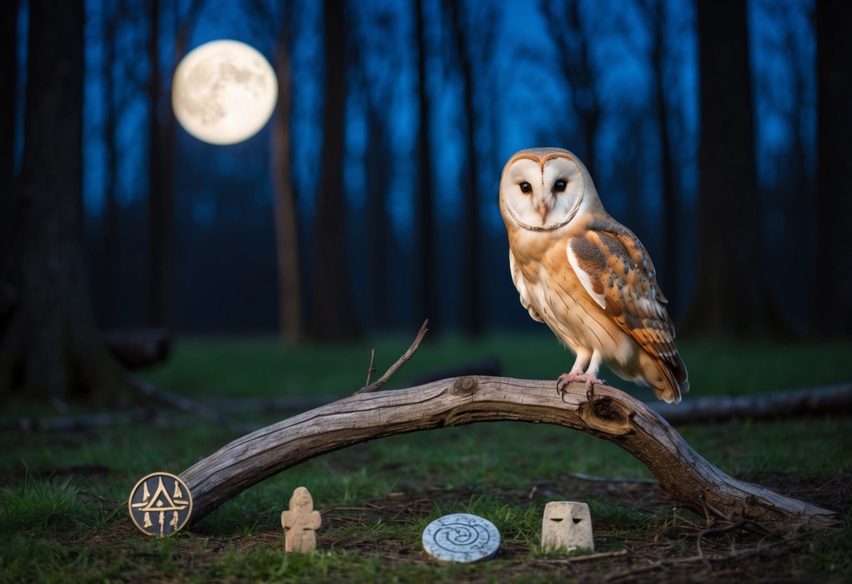 A moonlit forest clearing with a solitary barn owl perched on a gnarled branch, surrounded by ancient symbols and artifacts