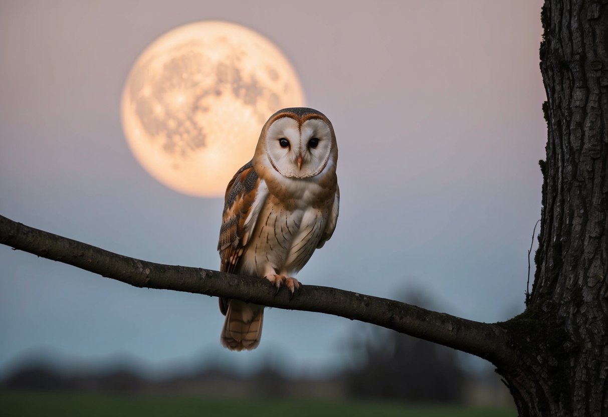 A barn owl perches on a tree branch, scanning the ground for prey in the moonlit British countryside