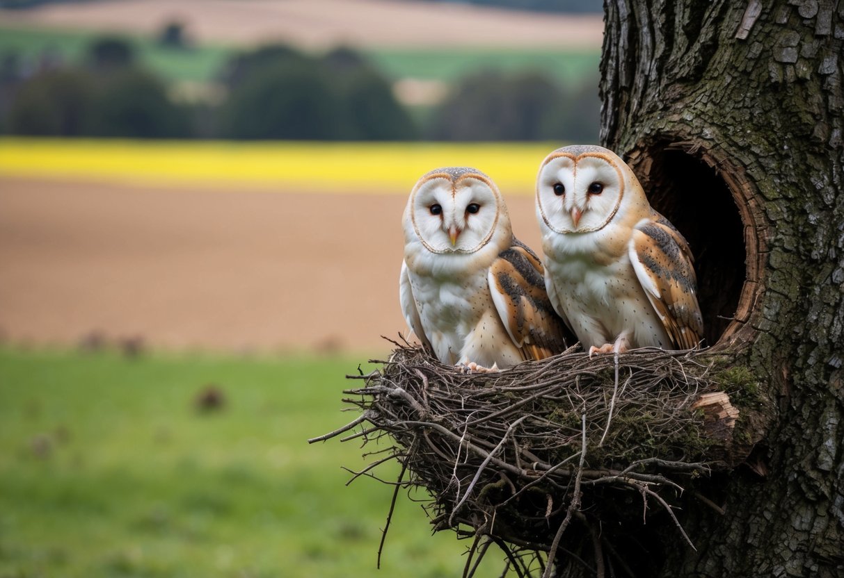 A pair of barn owls nesting in a hollow tree in a rural UK landscape