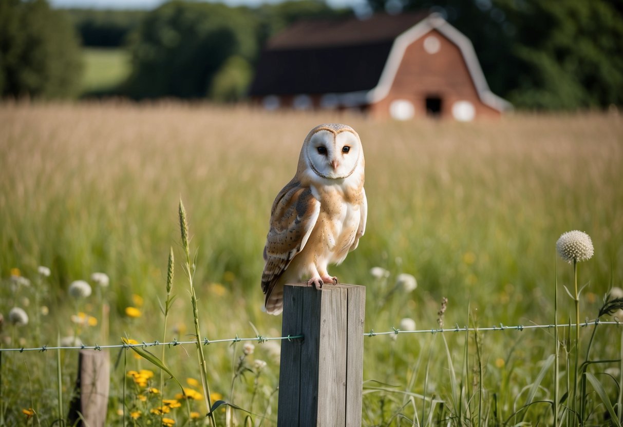 A barn owl perched on a wooden fence post, surrounded by tall grass and wildflowers. In the distance, a traditional UK barn is visible