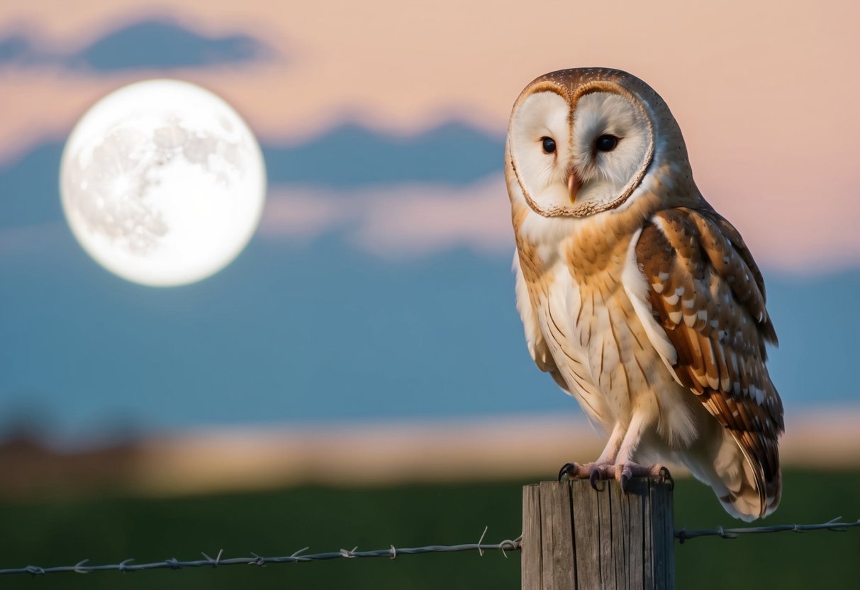 A barn owl perched on a wooden fence post, with its distinctive heart-shaped face and white underparts illuminated by the moonlight