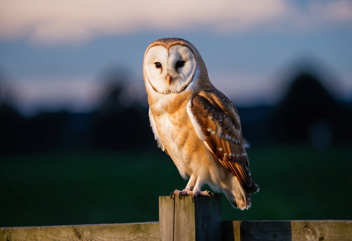 A barn owl perched on a wooden fence post at dusk, with its distinctive heart-shaped face and white underbelly visible