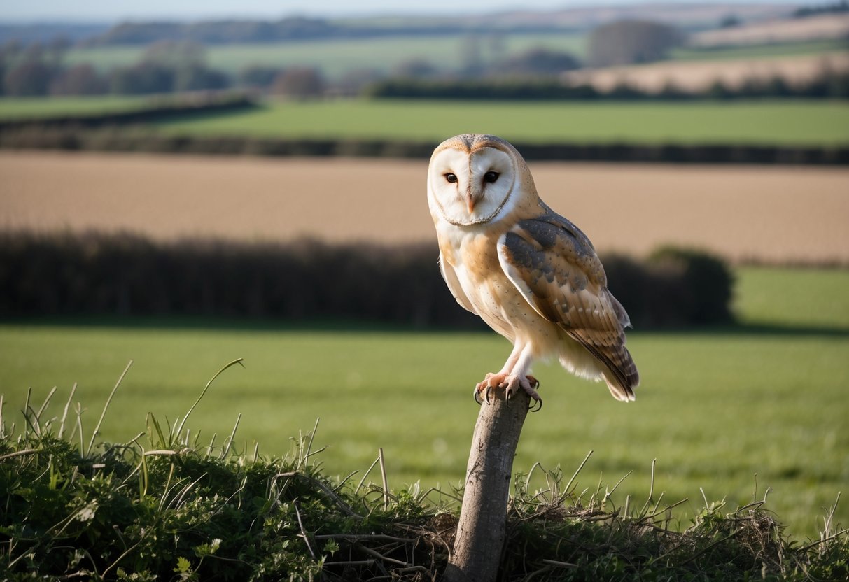 A barn owl perched on a tree branch in a rural UK landscape, surrounded by open fields and hedgerows