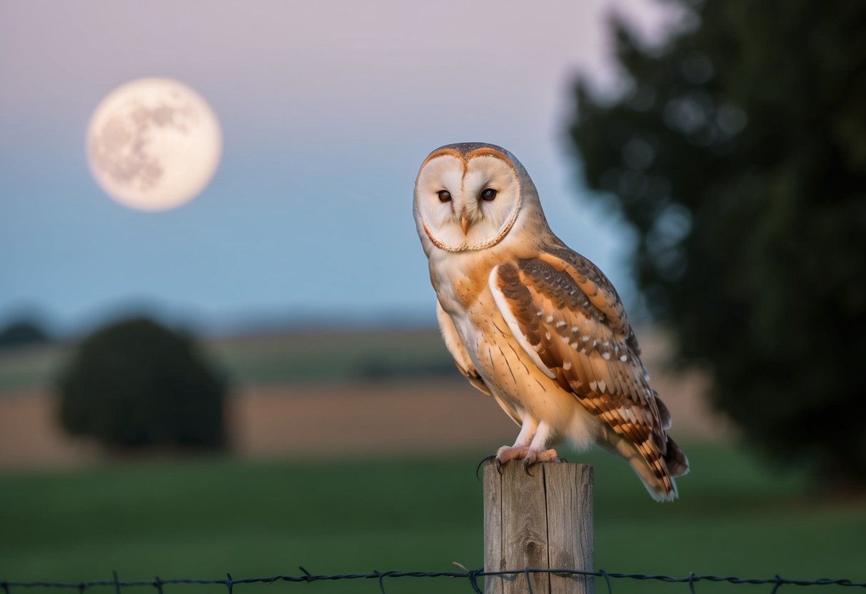 A barn owl perched on a weathered fence post, its feathers illuminated by the soft glow of the moon, casting a watchful gaze over the tranquil countryside