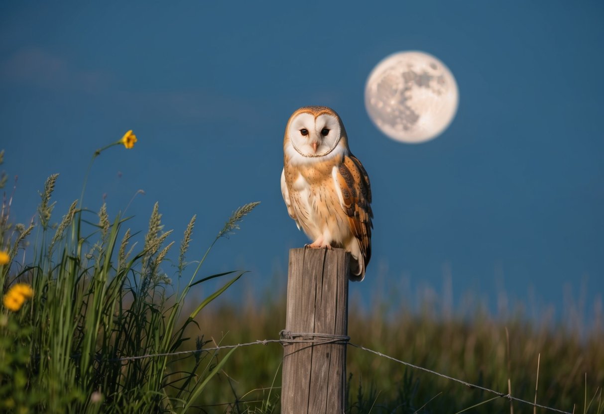 A barn owl perched on a wooden fence post, surrounded by tall grass and wildflowers, with the moon shining in the night sky